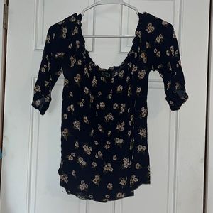 Very pretty off the shoulder navy blue & floral 3/4 sleeve top
